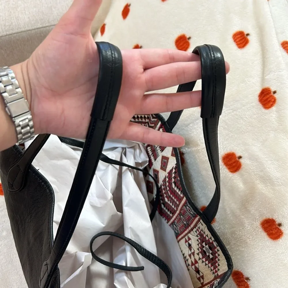 Hobo Tote Shoulder Bag Black Leather Aztec Tribal Fabric Lined Reversible